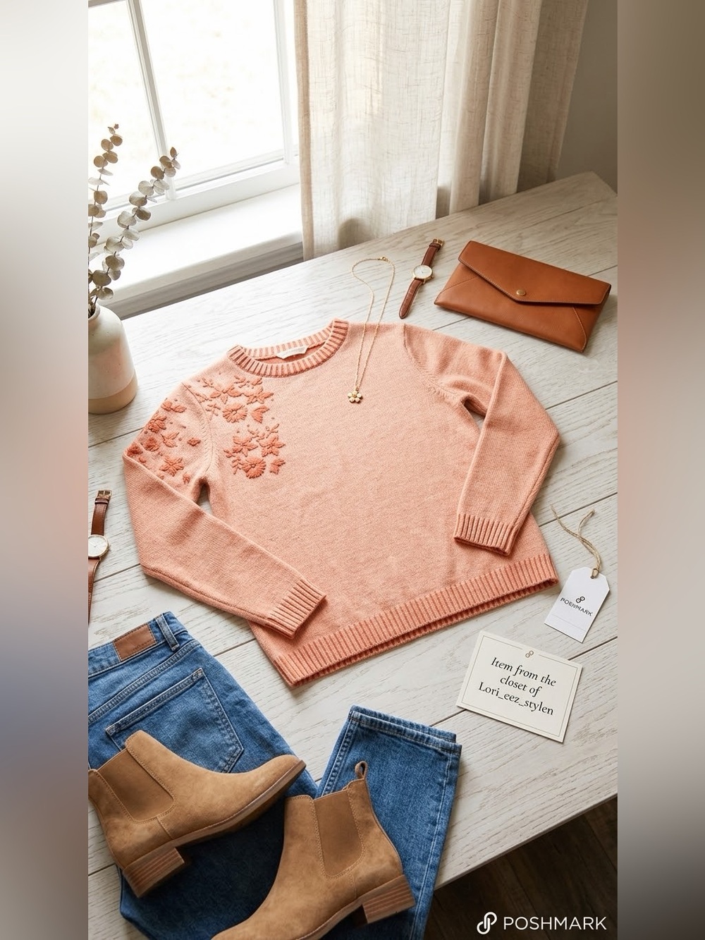 Embroidered Peach Crewneck Sweater - Women's Long Sleeve Knit